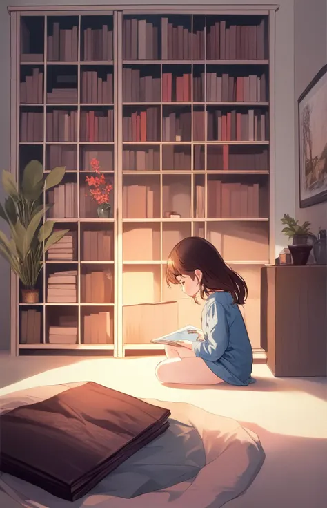 High Resolutionâ¨, Clearð, Brilliant Resolutionð«, Sharp Resolutionð¥ a Girl, hand-drawn, interior, probably her room with bookcase, window and small plants, bright light from the window, warm color palette of pinks and blues
Calm and immersed in her own world, the girl is sitting on the carpet with her head slightly turned to the side and a book in her hand, in the background is her room with light sunlight streaming in through the curtains.