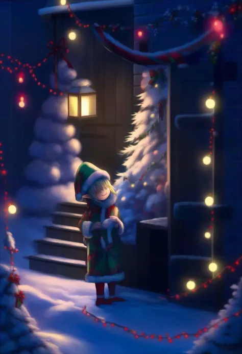 very dark night Christmas scene with a cute Blue Epoch Elf trying to find a faint light among shadows Christmas decorations, smile, fluffy, shadows, only the face is lighted, holiday atmosphere, ultra-fine, digital painting
