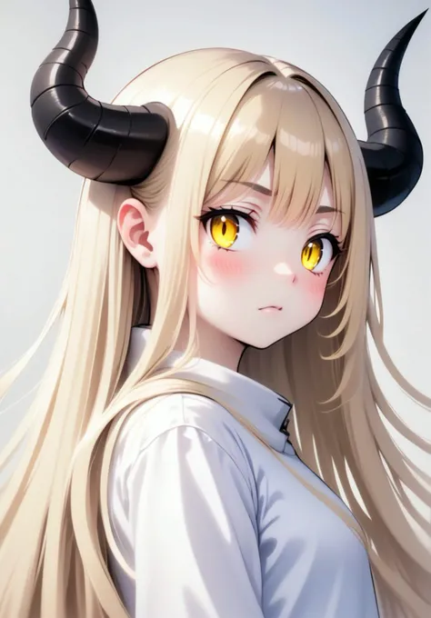 1girl, long hair, blonde hair, yellow eyes, demon horns, long hair,