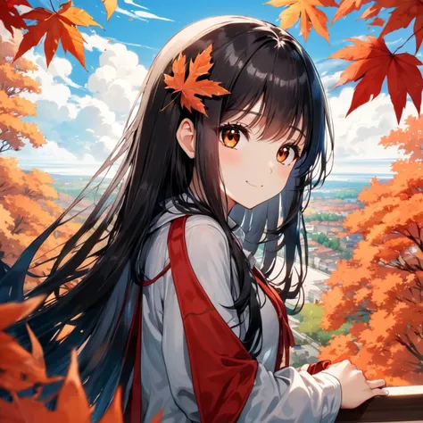 (1girl), black long hair, brown eyes, red maples, sky, ((transparent)), lumen, beautiful coloring, detailed pupil, look back, gentle smile