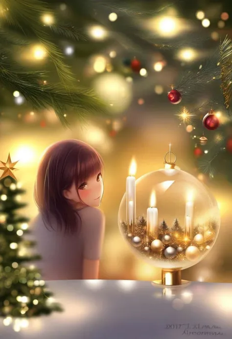 Christmas scene with a girl sitting among green and silver decorations, twinkling lights entwined through pine branches, gleaming candles casting a warm glow over the glossy leaves and reflective baubles, holiday cheer encapsulated in the arrangement, soft-focus background with bokeh effect from distant Christmas lights, ultra-fine, digital painting, golden ratio composition.