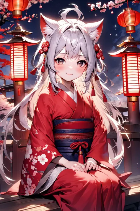 best quality, masterpiece,Kawaii, a cute girl with animal ears sitting in a shrine,fantasy world, charming appearance with silver hair and is dressed in a red kimono,  under a beautiful starry sky with a torii gate and lanterns lining the shrine grounds,  looking towards the viewer with a warm smile,pov, focus on face,cherry blossoms fall,sakura,