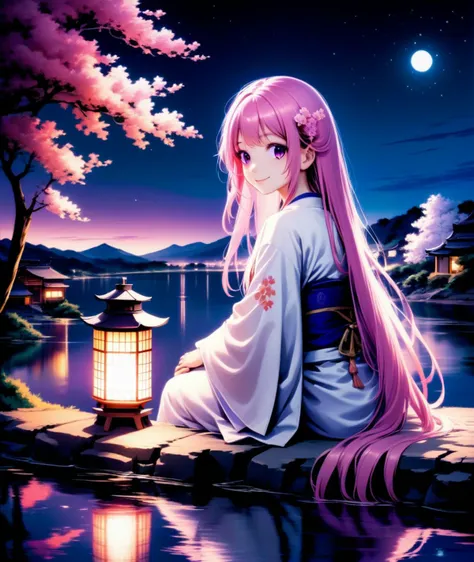 1girl,flower,long hair,tree,water,white kimono,sitting,outdoors,night,house,purple eyes,night sky,scenery,reflection,lake,lantern,pink hair,long hair,smile,starry sky,looking back,