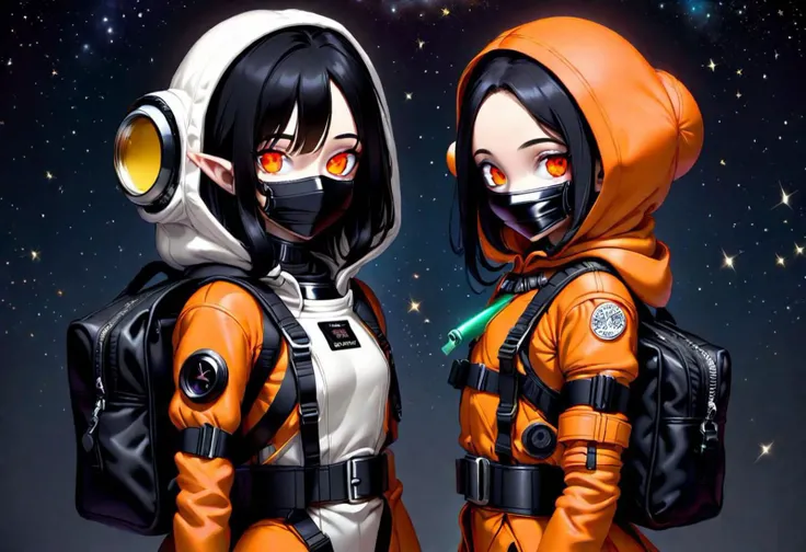 ASCIIrealistic light, realistic, high quality, details,
fish eye effect,
human, skinny,
tits, round ass:2. 3 girls, flat chest, perfect detail eyes 4k:3, glowing eyes, small ears, black hair, head turned,
orange spacesuit, black mask, bagpack.  removed hood. black belts, 
space, tube, stars
<lora:add_detail_realistic:1>,