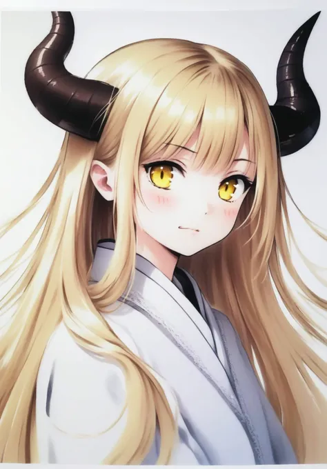 1girl, long hair, blonde hair, yellow eyes, demon horns, long hair, traditional media,