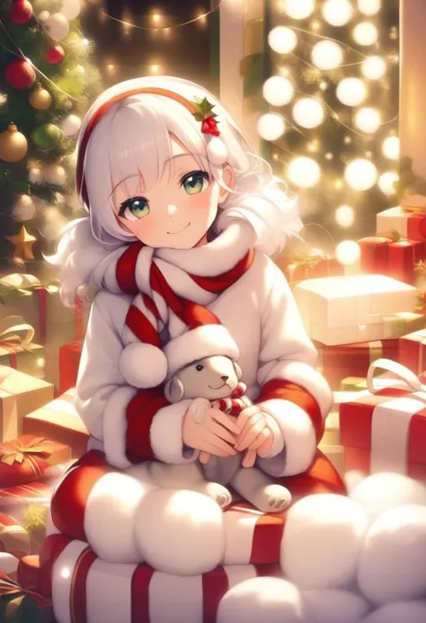 Christmas scene with a cute white 20 years old girl sitting among christmas decorations, smile, fluffy,  lights, holiday atmosphere, ultra-fine, digital painting