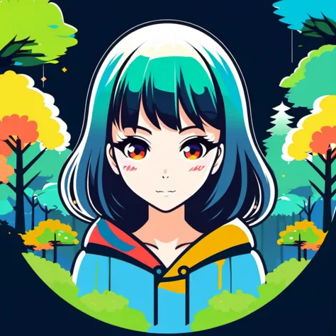 vector logo of an anime girl, logo, theme park themed, colorful, trees, square, simple art, face