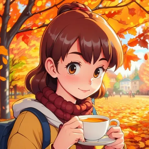 (1girl:1.1), best quality, (cup of coffee:1.1), colorful, autumn season, (anime style:1.2), in the style of studio ghibli,