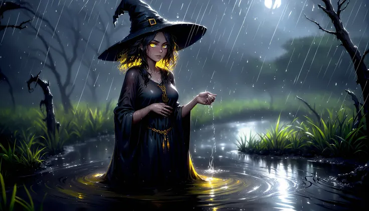1 woman, witch, messy_hair, manical yellow eyes, smirk, wet_skin, drenched_clothes, see-through, rags, tribal, incantation, casting magic, swamp, water, rain, night, horror, dark,  <lora:DetailedEyes_V3:1.3>, <lora:add-detail-xl:1.3>