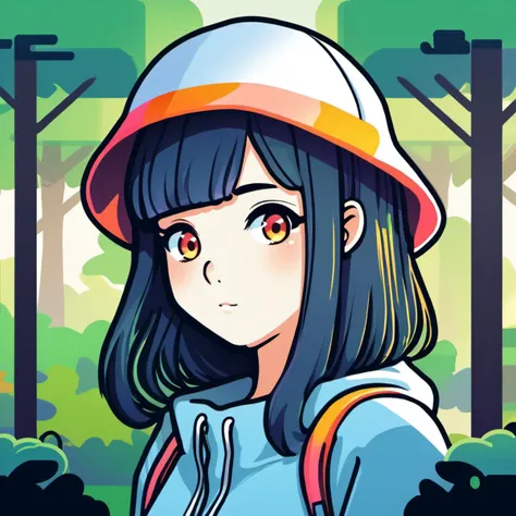 vector square app icon of an anime girl, theme park themed, colorful, trees, simple art, face