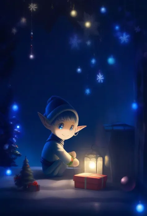 very dark night Christmas scene with a cute Blue Epoch Elf trying to find a faint light among shadows Christmas decorations, smile, fluffy,  shadows, only the face is lighted, holiday atmosphere, ultra-fine, digital painting