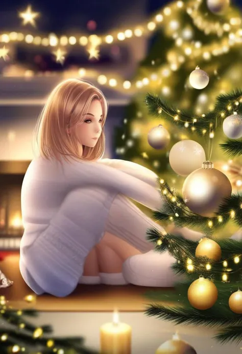Christmas scene with a girl sitting among green and silver decorations, twinkling lights entwined through pine branches, gleaming candles casting a warm glow over the glossy leaves and reflective baubles, holiday cheer encapsulated in the arrangement, soft-focus background with bokeh effect from distant Christmas lights, ultra-fine, digital painting, golden ratio composition.