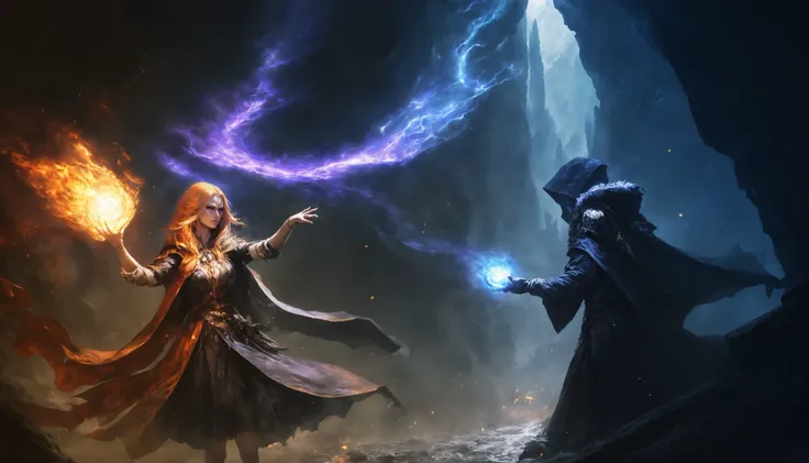 fantasy art, a sorceress and a warlock are angrily fighting in a dark cave, casting magical spells at each other, epic lighting, extremely detailed, 4k, masterpiece