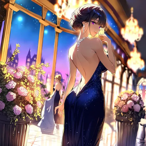 masterpiece, best quality, luxurious lady, standing, butt crack, evening gown, backless dress, bare shoulders, gentle smile,beautiful violet eyes, high hairstyle,
<lora:MJ52:0.8>,