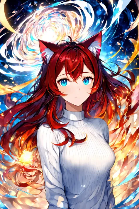 masterpiece, best quality, highres, anime art style, pixiv, 1girl, solo,
supernova, abstract, abstract background, (bloom, swirling lights, light particles),
fire, galaxy, floating, romanticized, blush, looking at viewer,
dark red hair, blue eyes, straight hair, cat ears,
medium breasts, mature female, white sweater,