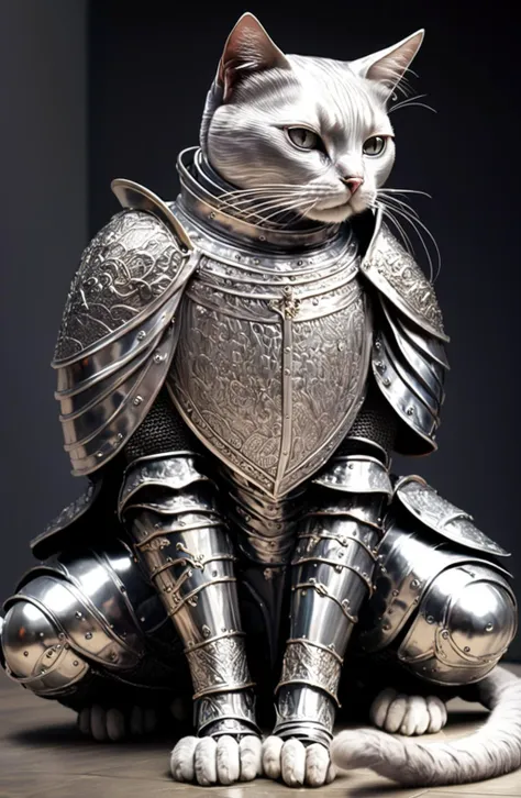 kneeling cat knight, portrait, finely detailed armor, intricate design, silver, silk,