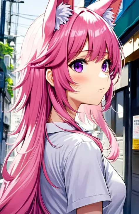 â=â¡Î£((( ã¤â¢ÌÏâ¢Ì)㤠Integrated Visual Composition, 1girl, long hair, pink hair, purple eyes, medium breasts, shirt, street, animal ears, looking back, from behind, upper body,