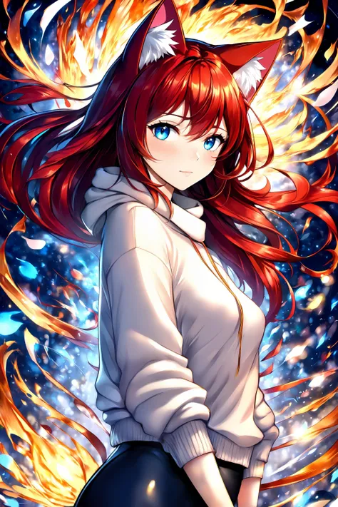 (masterpiece, best quality, highres), anime art style, pixiv, 1girl, solo,
supernova, abstract, abstract background, (bloom, swirling lights, light particles),
fire, galaxy, floating, romanticized, blush, looking at viewer,
dark red hair, blue eyes, straight hair, cat ears,
medium breasts, mature female, white sweater,