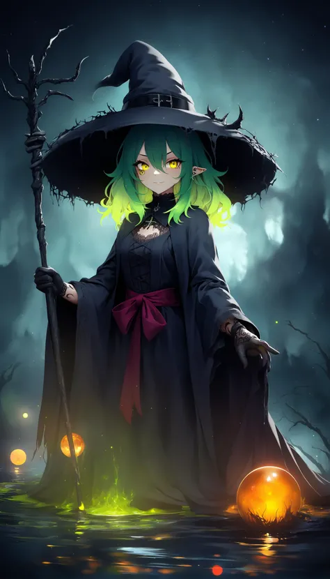 1 woman, witch, green messy hair, manical yellow eyes, smirk, witch hat, shredded clothes, black linen, lace, satanic tattoo, staff, gloves, swamp, night, horror, dark, will-o'-the-wisp, ignes fatui, orbs,  <lora:DetailedEyes_V3:1.3>