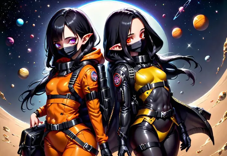 realistic light, realistic, high quality, details,
fish eye effect,
human, skinny, sexy, horny, hot,
tits, round ass:2. 3 girls, flat chest, perfect detail eyes 4k:3, glowing eyes, small ears, black hair, head turned,
orange spacesuit, black mask, bagpack.  removed hood. black belts, 
space, tube, stars
<lora:add_detail_realistic:1>,