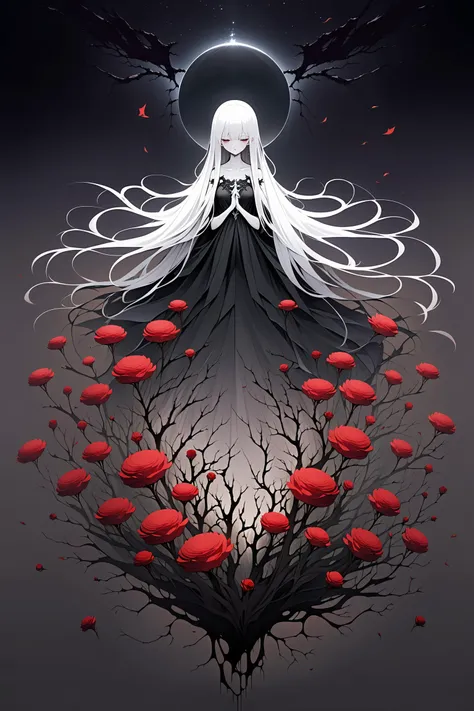 upside down black field of flowers, lunar eclipse, cracked ground, roots, angel of death, anime style, hard shadows, symmetrical imagery