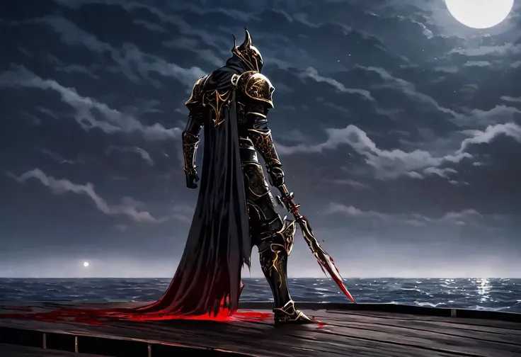 high quality, best quality, full body ,warrior of darkness, clad in black and gold armor, armor stained by blood, standing on a wooden ship deck, reaging ocean infront , blood moon in the sky, dark mist around.