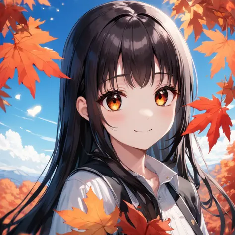 (1girl), black long hair, brown eyes, red maples, sky, ((transparent)).lumen, beautiful coloring, detailed pupil, look back, gentle smile