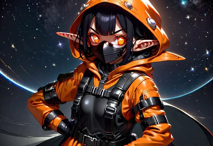 realistic light, realistic, high quality, details,
fish eye effect,
elf:0.5, 
tits, round ass:2. 3 girls, flat chest, perfect detail eyes 4k:3, glowing eyes, small ears, black hair, head turned,
orange spacesuit, black mask, bagpack.  removed hood. black belts, 
space, tube, stars
<lora:add_detail_realistic:1>,