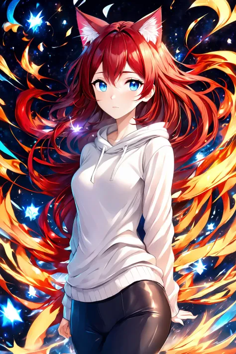 (masterpiece, best quality, highres), anime art style, pixiv, 1girl, solo,
supernova, abstract, abstract background, (bloom, swirling lights, light particles),
fire, galaxy, floating, romanticized, blush, looking at viewer,
dark red hair, blue eyes, straight hair, cat ears,
medium breasts, mature female, white sweater,