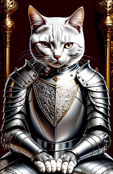 âð((masterpiece)), (((best quality))), ((ultra-detailed)), ((illustration)), ð, kneeling cat knight, portrait, finely detailed armor, intricate design, silver, silk,