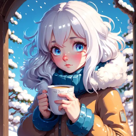 (1girl:1.1), white hair, blue eyes, best quality, (cup of coffee:1.1), colorful, winter season, heavy jacket, (anime style:1.2), in the style of studio ghibli, focused,masterpiece, best quality, highres,8k, intricate, elegant, highly detailed,dynamic lighting,
