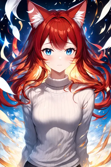 (masterpiece, best quality, highres), anime art style, pixiv, 1girl, solo,
supernova, abstract, abstract background, (bloom, swirling lights, light particles),
fire, galaxy, floating, romanticized, blush, looking at viewer,
dark red hair, blue eyes, straight hair, cat ears,
medium breasts, mature female, white sweater,