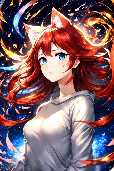 (masterpiece, best quality, highres), anime art style, pixiv, 1girl, solo,
supernova, abstract, abstract background, (bloom, swirling lights, light particles),
fire, galaxy, floating, romanticized, blush, looking at viewer,
dark red hair, blue eyes, straight hair, cat ears,
medium breasts, mature female, white sweater,