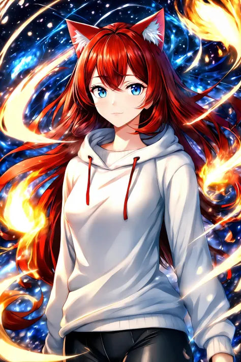 masterpiece, best quality, highres, anime art style, pixiv, 1girl, solo,
supernova, abstract, abstract background, bloom, swirling lights, light particles,
fire, galaxy, floating, romanticized, blush, looking at viewer,
dark red hair, blue eyes, straight hair, cat ears,
medium breasts, mature female, white sweater,
