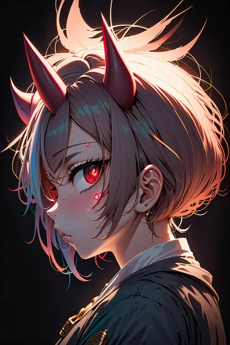 demon horns, tattoo on face, stitches on clothes, church, black background, cracked skin, anime style, concept art, soft shadows, ink lines, red portal in eyes, side view, (rim lighting:-1)
