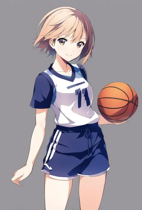 1girl, solo, from front, vector illustration, basketball clothes, shorts, sporty, gentle smile, youth, static, outdoor