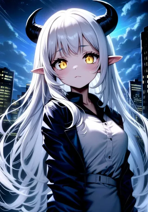 1girl, long hair, white hair, city, yellow eyes, horns, long hair, night, glowing eyes, starry sky, fang,