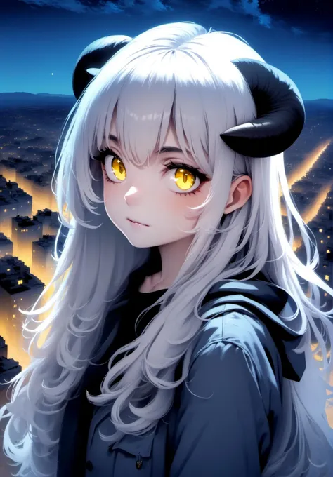 1girl, long hair, white hair, city, yellow eyes, horns, long hair, night, glowing eyes, starry sky, fang,