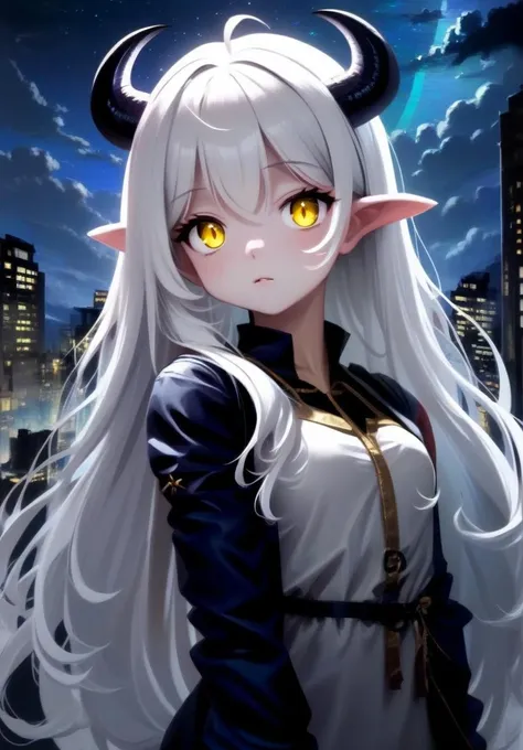 1girl, long hair, white hair, city, yellow eyes, horns, long hair, night, glowing eyes, starry sky, fang,