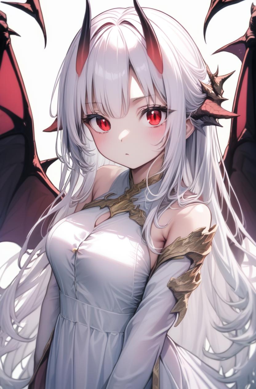 Anime girl with white hair and red eyes with horns - SeaArt AI