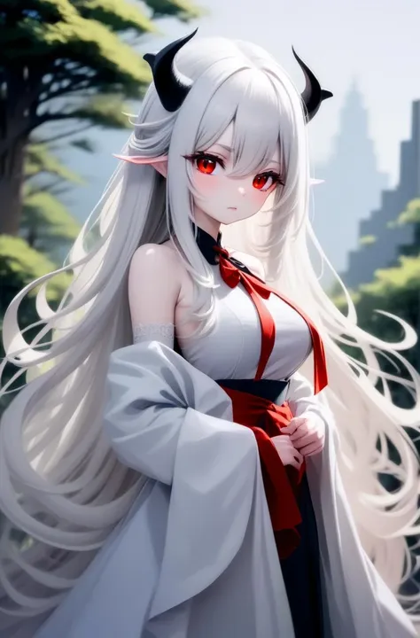 1girl, long hair, white hair, red eyes, horns, long hair, dress,