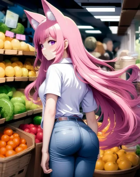 1girl, long hair, pink hair, purple eyes, medium breasts, shirt, jeans, market, animal ears, looking back, from behind,