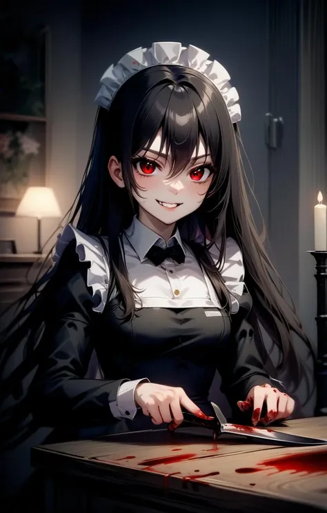 1girl, long hair, red eyes, black hair, evil grin, maid headdress, night, dark, blood, holding knife, indoors,