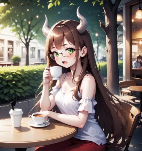 1girl, medium breasts, glasses, brown hair, earrings, open mouth, demon girl, long hair, 1girl, green eyes, holding cup, tree, cafe, sitting, horns,