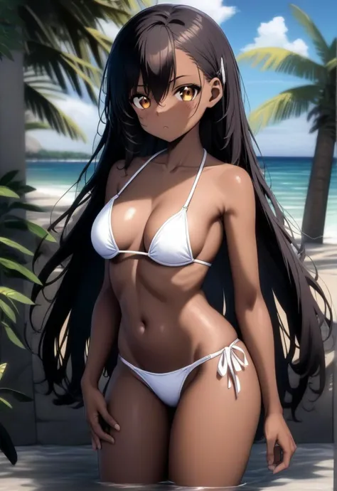 1girl, medium breasts, black hair, dark-skinned female, hair ornament, long hair, brown eyes, white bikini, v, hairclip,