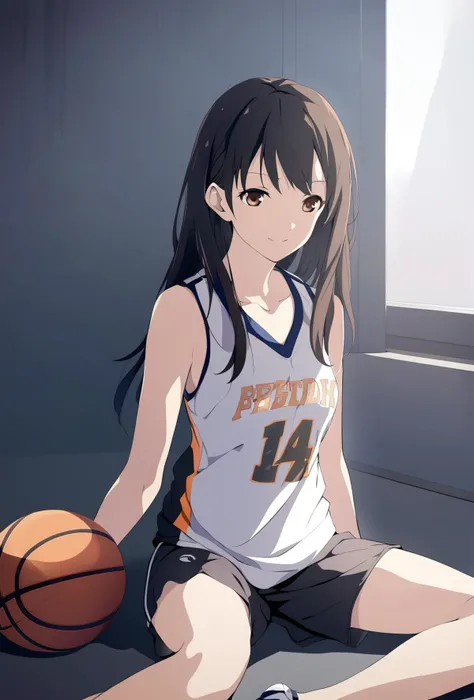 1girl, solo, sitting, vector illustration, basketball clothes, shorts, sporty, gentle smile, youth, static, indoor