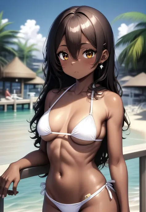 1girl, medium breasts, black hair, dark-skinned female, hair ornament, long hair, brown eyes, white bikini, v, hairclip,