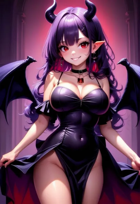1girl, black dress, purple hair, smile, cleavage, red eyes, demon wings, medium breasts, collar, earrings, demon horns, medium hair, arms behind back,