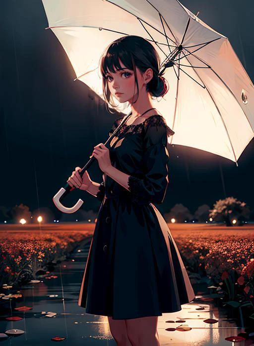 1girl,
standing, water drop, rain, Cinematic lighting,Flower fields,
hand holding umbrella
<lora:rainydays:0.3>