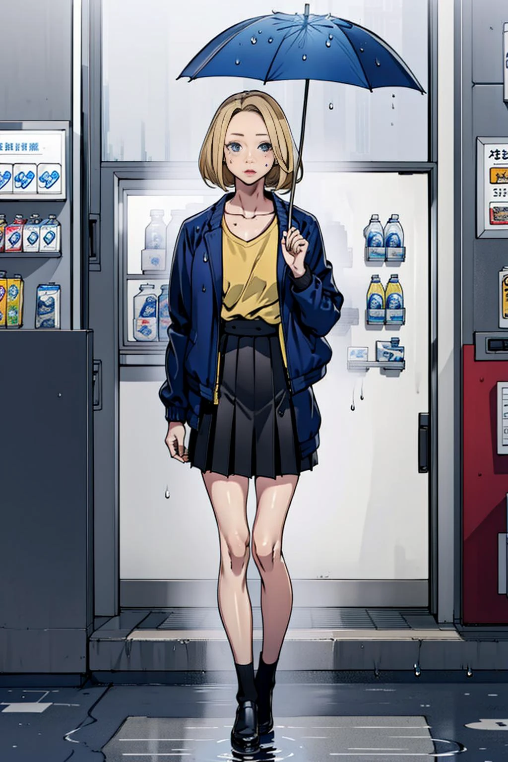 masterpiece, best quality, woman, full body, blonde hair, wearing jacket, wearing pleated skirt, standing, in front of convenience store, hand holding umbrella, rain, water drop, <lora:rainydays:0.6>